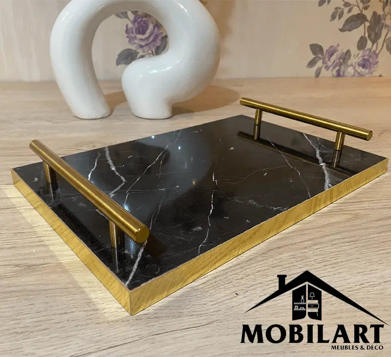Plateau de service en MDF marbré avec poignées dorées Mobilart.ma