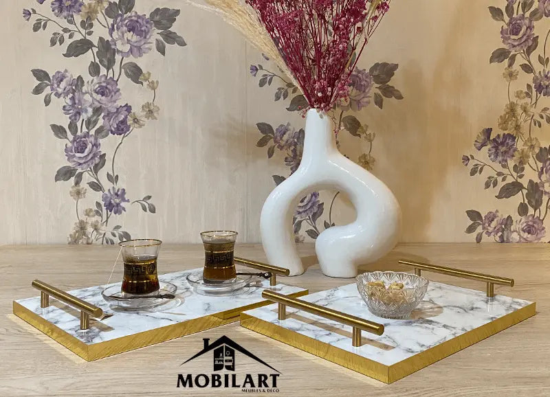 Plateau de service en MDF marbré avec poignées dorées Mobilart.ma