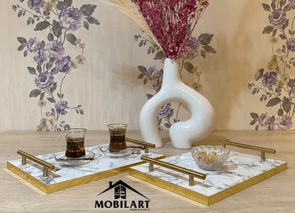 Plateau de service en MDF marbré avec poignées dorées Mobilart.ma