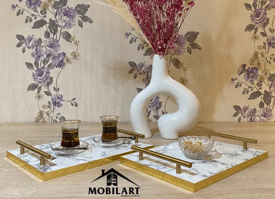 Plateau de service en MDF marbré avec poignées dorées