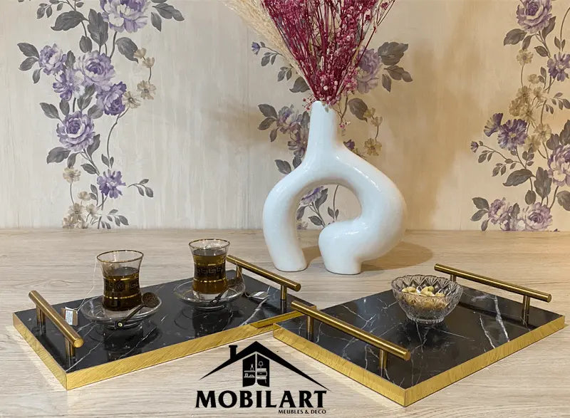 Plateau de service en MDF marbré avec poignées dorées Mobilart.ma