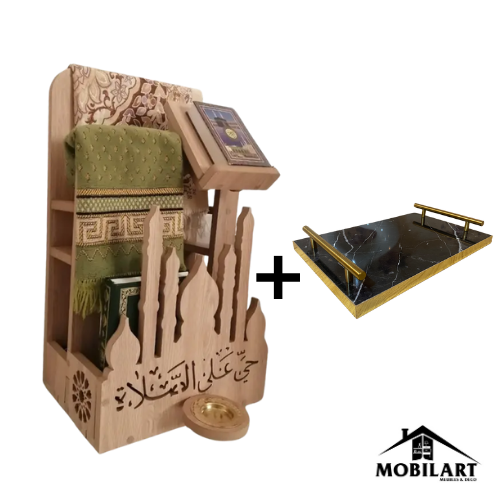 Porte-Coran et Tapis de Prière avec Roues + Plateau de service en MDF marbré avec poignées dorées