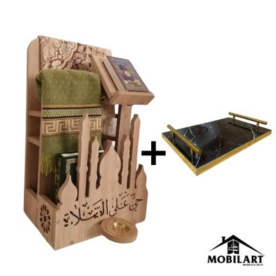 Porte-Coran et Tapis de Prière avec Roues + Plateau de service en MDF marbré avec poignées dorées