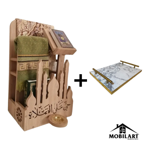 Porte-Coran et Tapis de Prière avec Roues + Plateau de service en MDF marbré avec poignées dorées