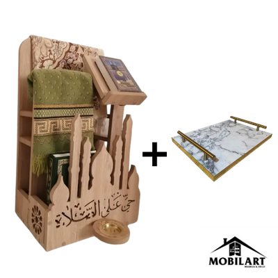 Porte-Coran et Tapis de Prière avec Roues + Plateau de service en MDF marbré avec poignées dorées