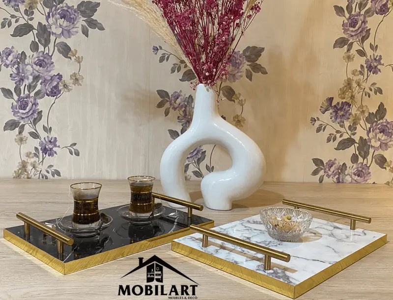 Plateau de service en MDF marbré avec poignées dorées Mobilart.ma