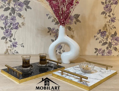 Plateau de service en MDF marbré avec poignées dorées Mobilart.ma