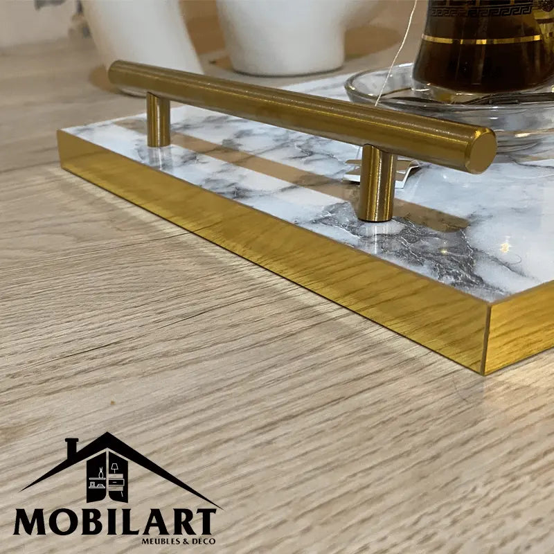 Plateau de service en MDF marbré avec poignées dorées Mobilart.ma