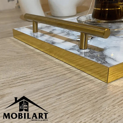Plateau de service en MDF marbré avec poignées dorées Mobilart.ma