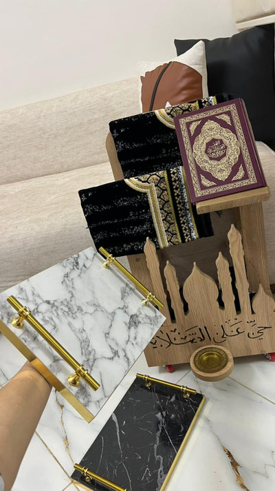 Porte-Coran et Tapis de Prière avec Roues + Plateau de service en MDF marbré avec poignées dorées