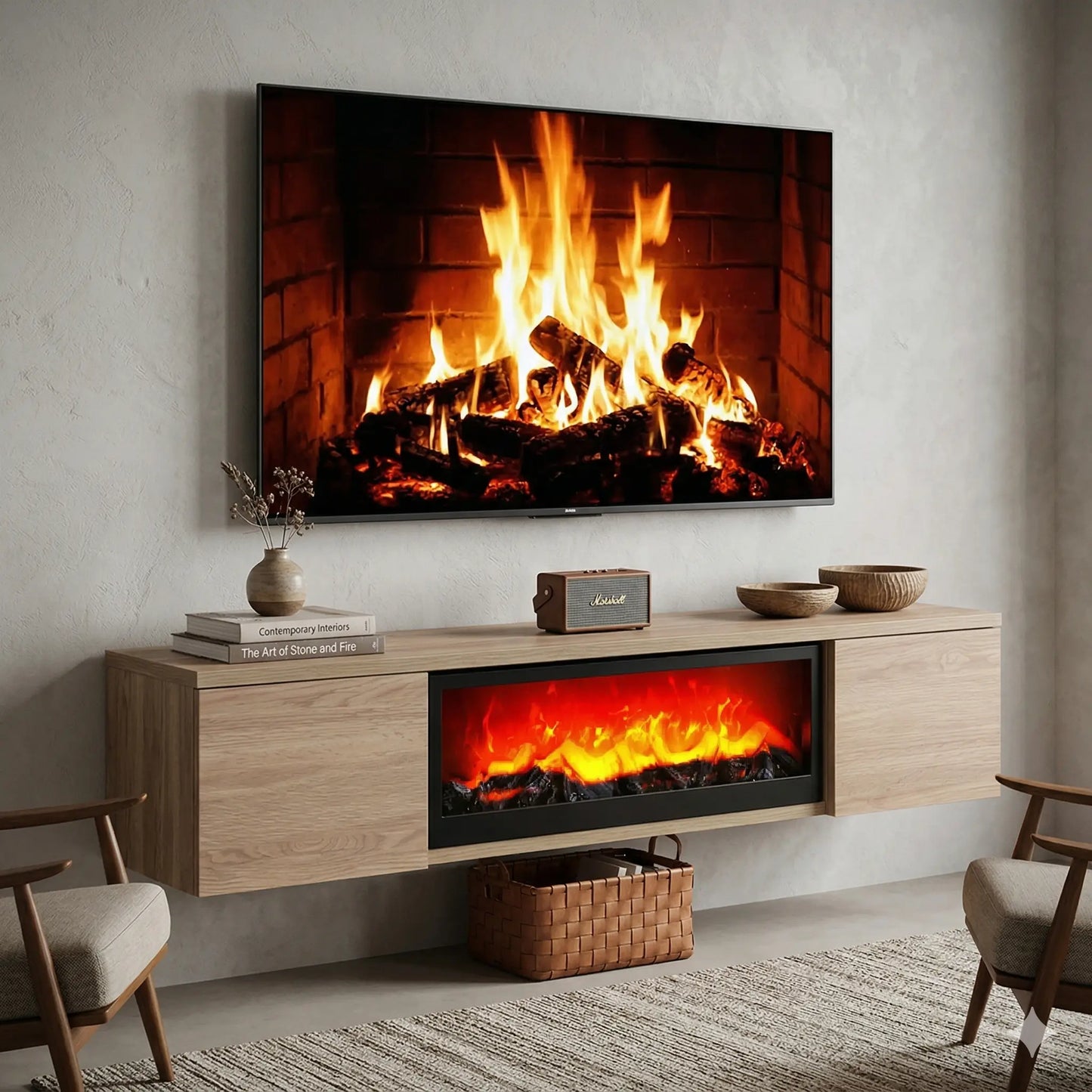 Meuble TV mural avec cheminée électrique effet feu réaliste