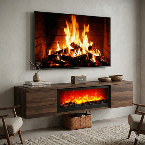 Meuble TV mural avec cheminée électrique effet feu réaliste