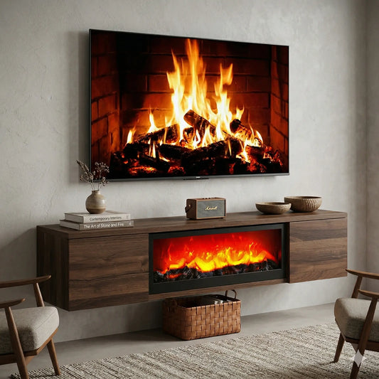 Meuble TV mural avec cheminée électrique effet feu réaliste